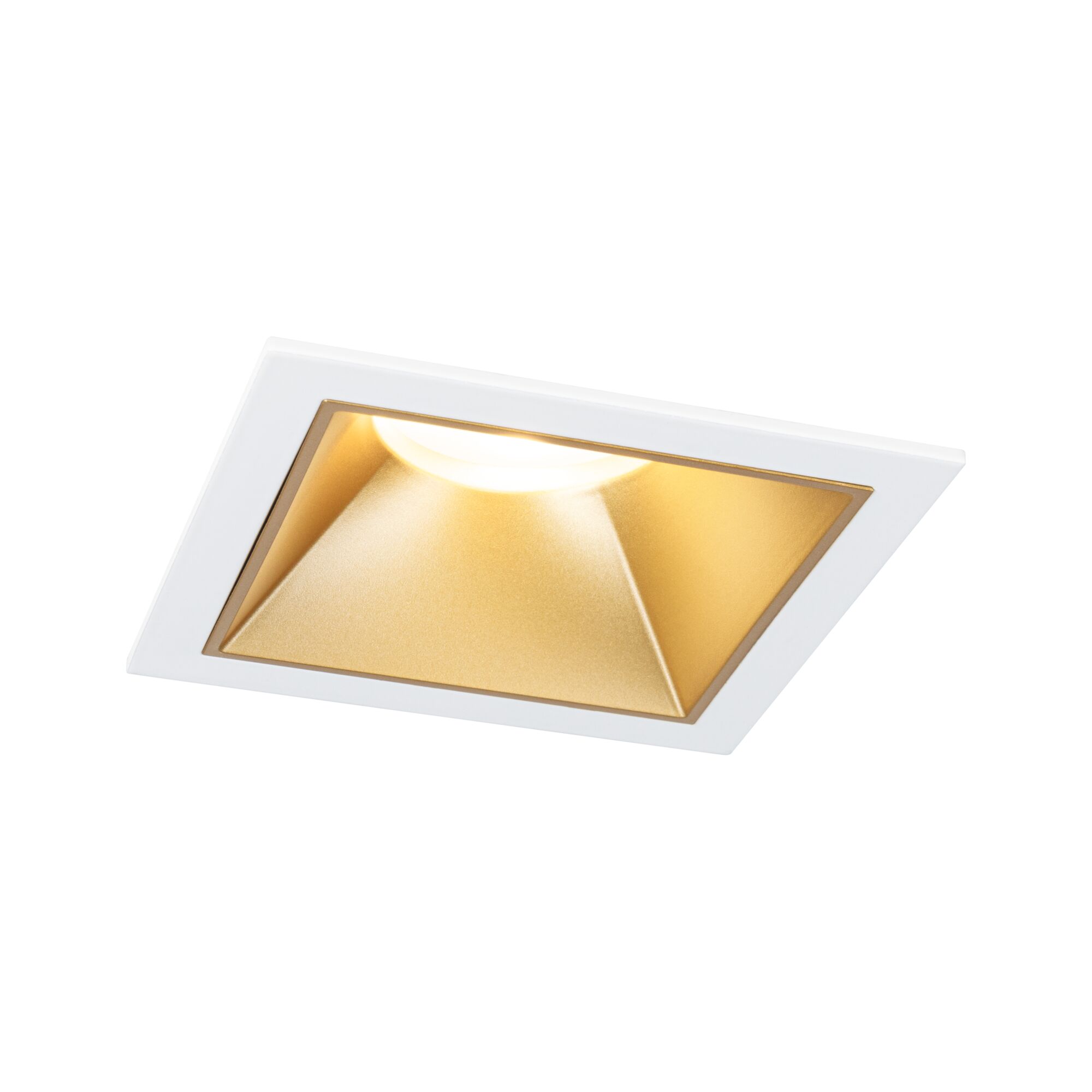 Quadratischer Einbaustrahler mit weißem Rahmen und goldfarbenem Reflektor für moderne LED-Beleuchtung