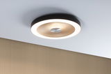 Round ceiling light with black frame and warm white light, modern design for living spaces