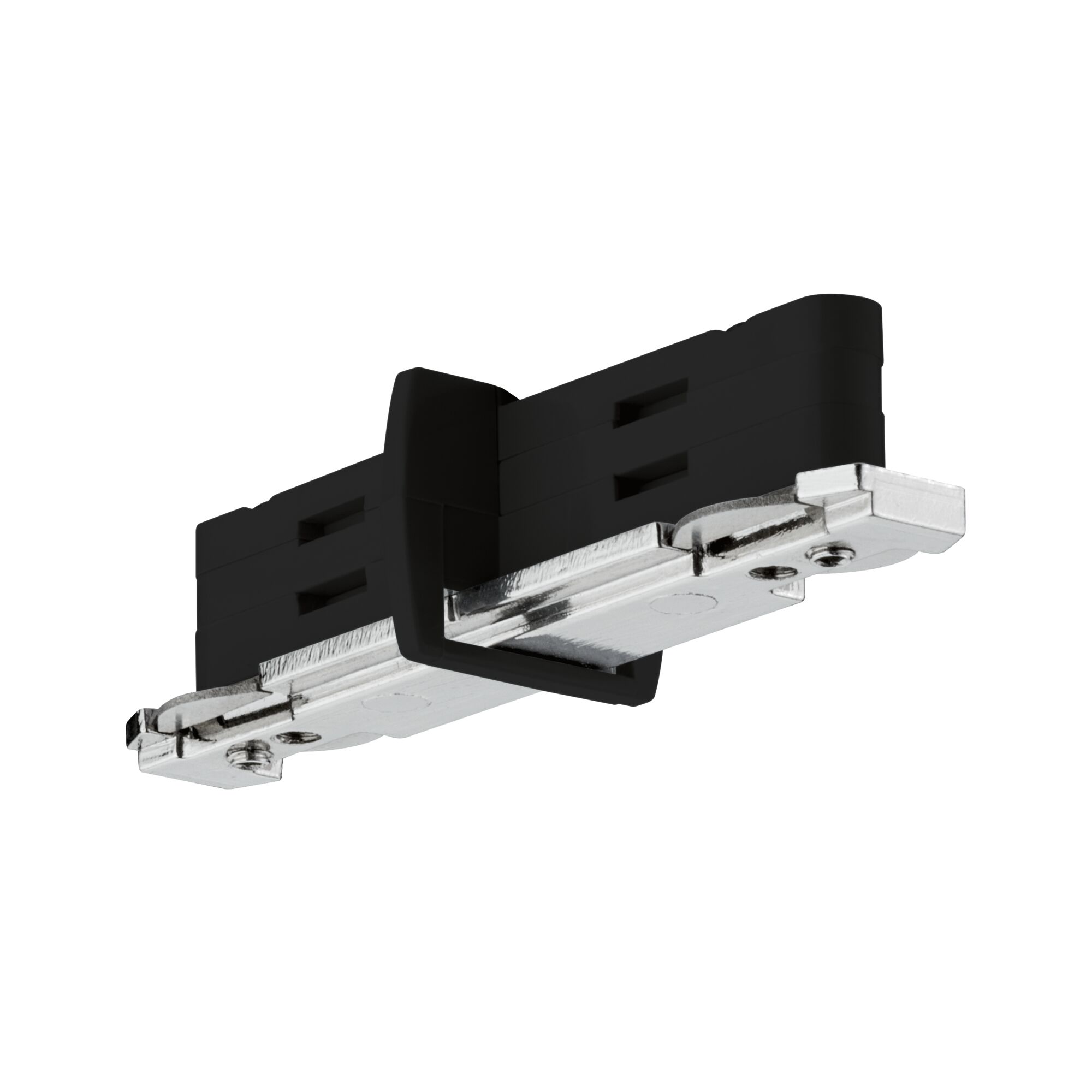 Black plastic and metal adapter for track lighting systems, compatible with LED fixtures