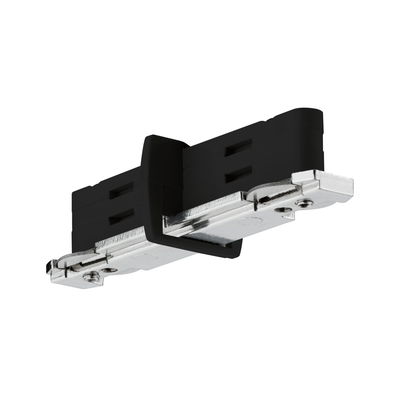 Black plastic and metal adapter for track lighting systems, compatible with LED fixtures