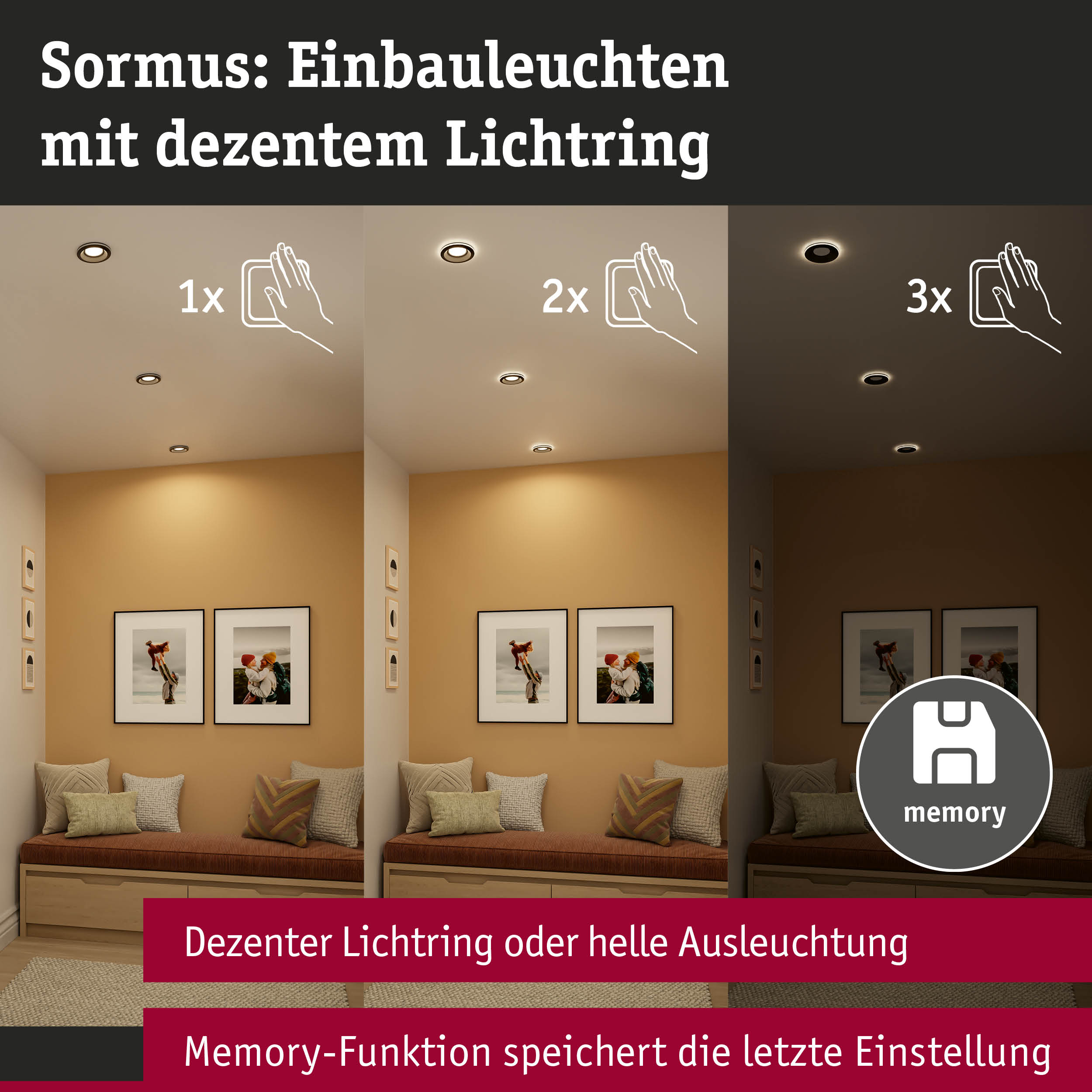Sormus Einbauleuchten mit dezentem Lichtring in Wohnzimmer mit Memory-Funktion für Lichtsteuerung