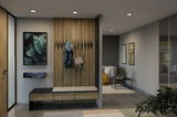 Modern hallway with wooden panel, bench and warm white LED recessed lights for ambient home lighting
