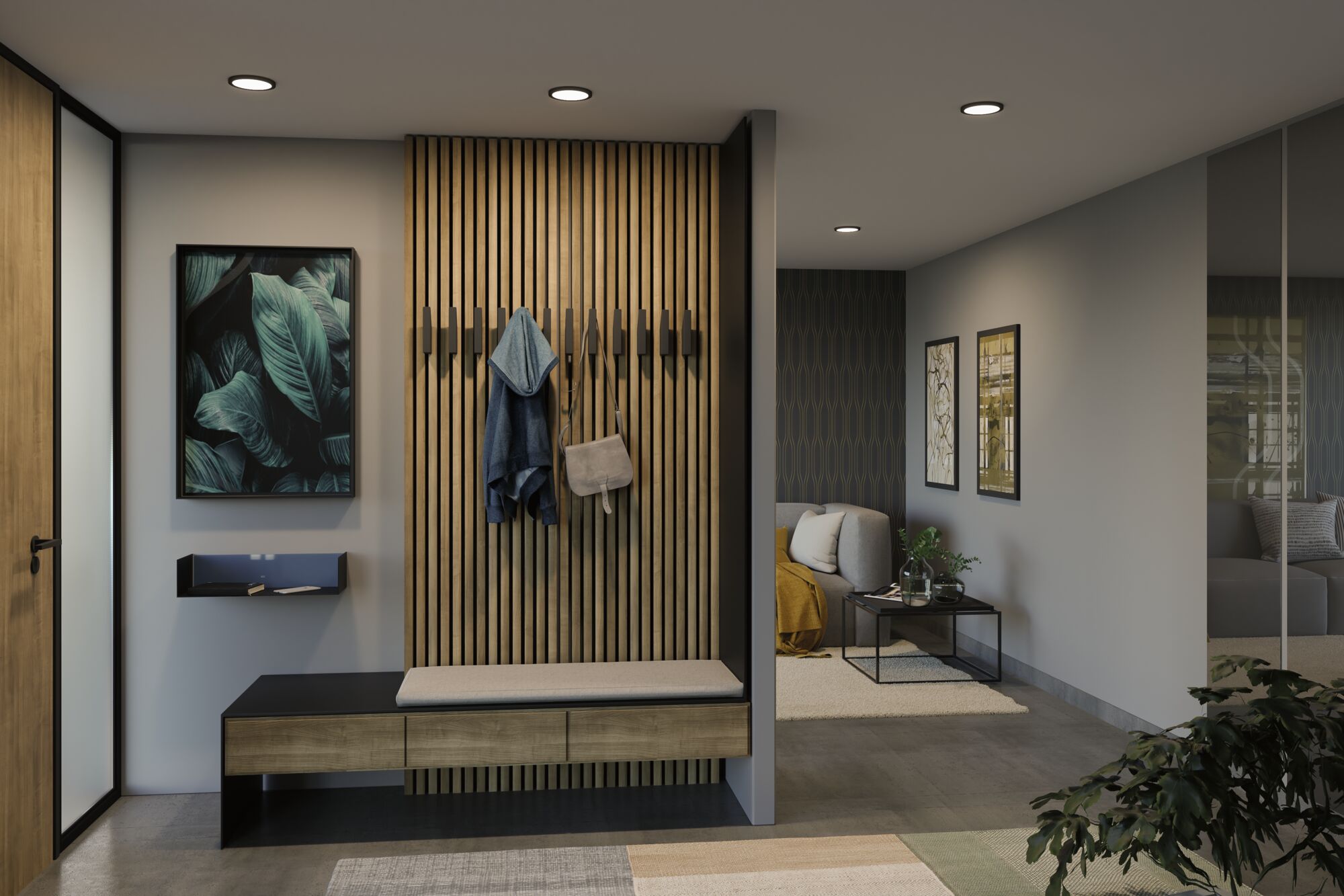 Moderne hal met houten paneel, bank en warmwit LED-inbouwspots voor sfeerverlichting thuis