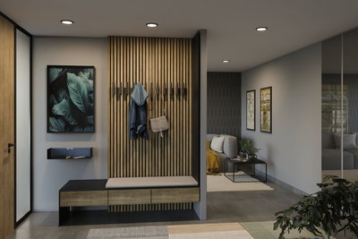 Moderne hal met houten paneel, bank en warmwit LED-inbouwspots voor sfeerverlichting thuis