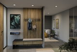 Entrée moderne avec panneau en bois, banc et spots LED encastrés blanc chaud pour éclairage intérieur