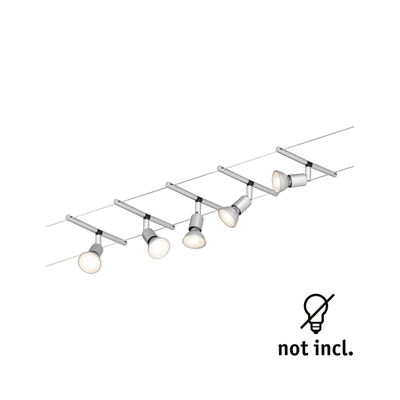 Modern cable lighting system with six silver LED spotlights without bulbs for versatile room lighting