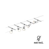 Modern cable lighting system with six silver LED spotlights without bulbs for versatile room lighting