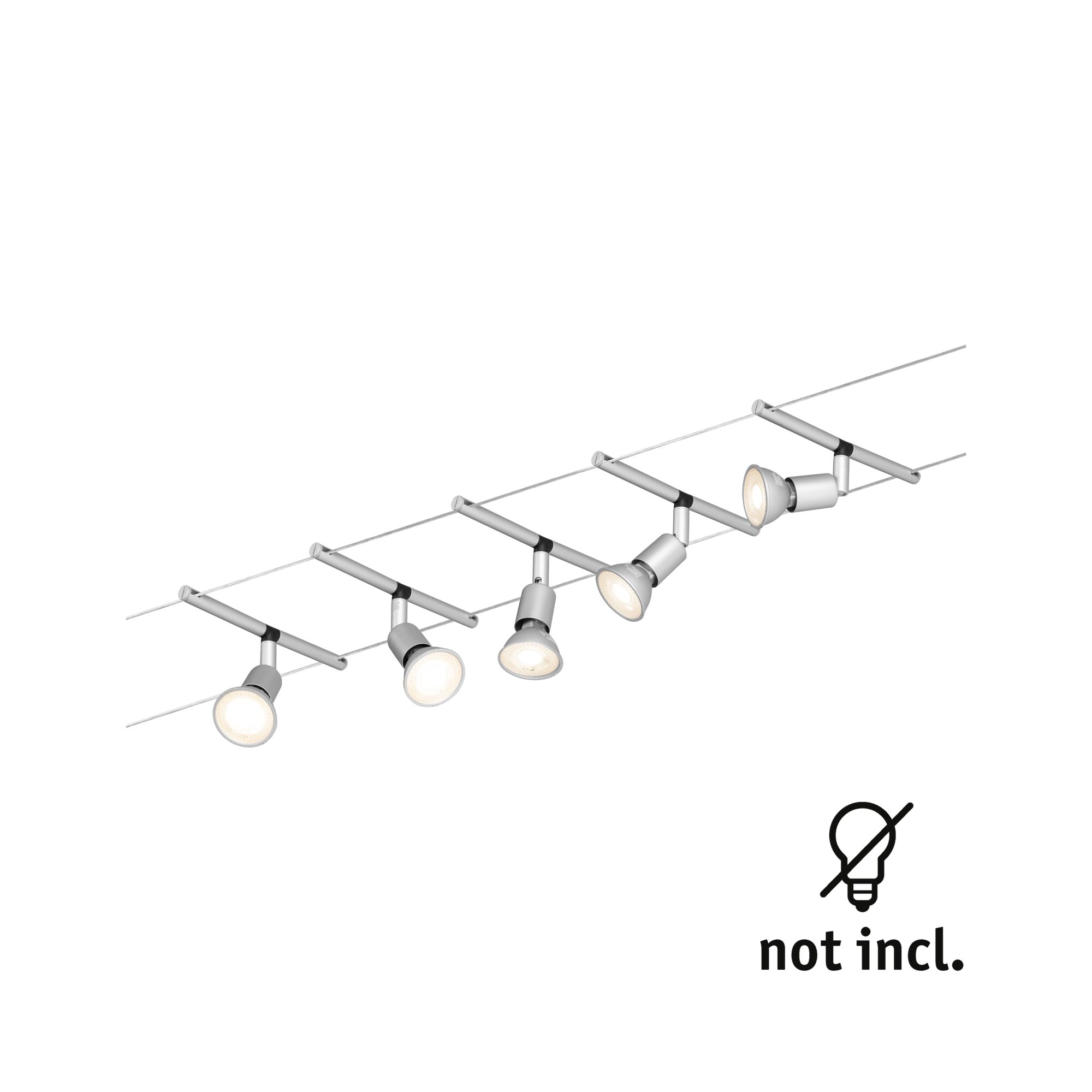 Modern cable lighting system with six silver LED spotlights without bulbs for versatile room lighting