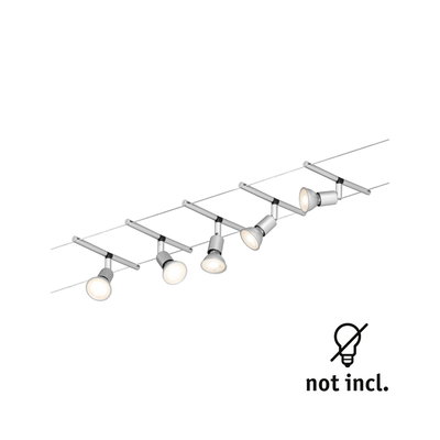 Six white metal LED cable spotlights with adjustable heads, bulbs not included