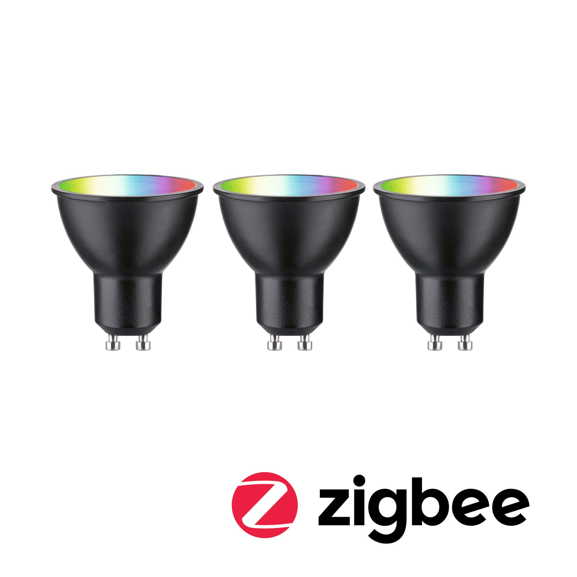Standard 230 V Smart Home Zigbee 3.0 Réflecteur LED GU10 3x350lm 3x4,8W RGBW+ gradable Noir mat Trois ampoules LED noires GU10 avec surface lumineuse multicolore compatibles Zigbee