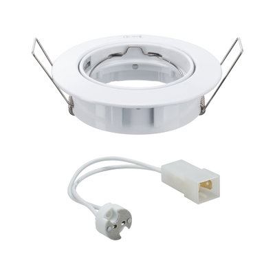 Weißer Einbaustrahler aus Kunststoff mit Metallfedern und Kabeladapter für LED-Beleuchtung