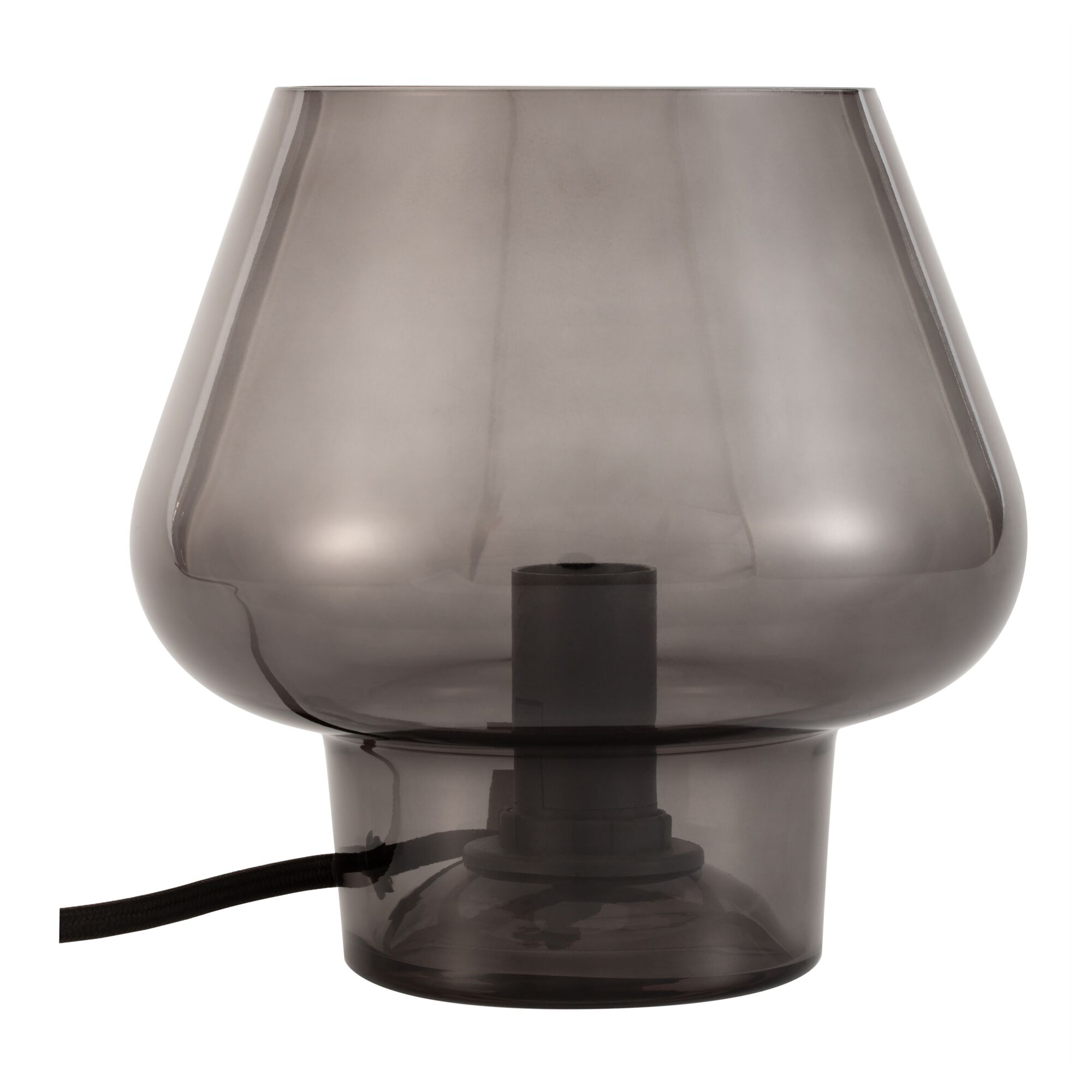 Moderne Tischlampe aus rauchgrauem Glas mit schwarzem Kabel für stilvolle Wohnraumbeleuchtung
