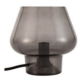 Moderne Tischlampe aus rauchgrauem Glas mit schwarzem Kabel für stilvolle Wohnraumbeleuchtung