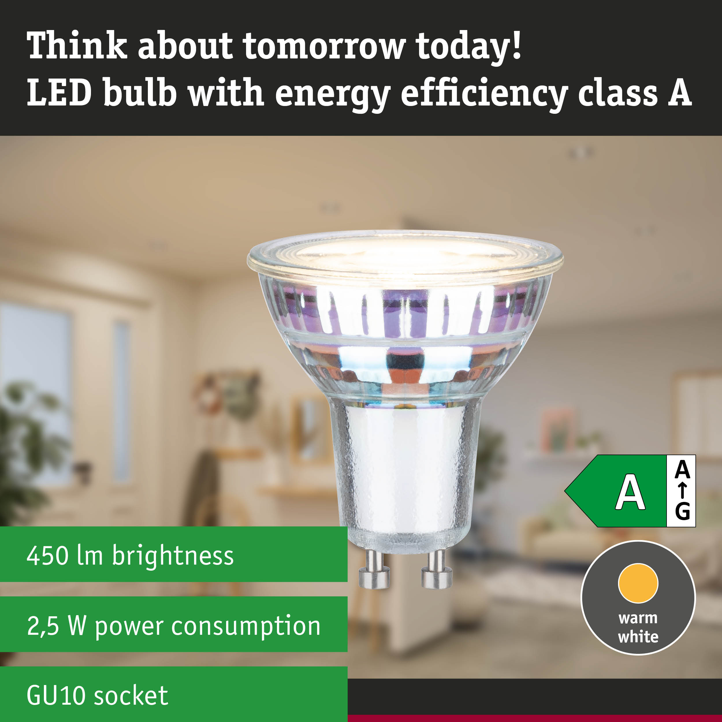 Clear GU10 LED bulb in warm white for ultra-efficient energy-saving lighting