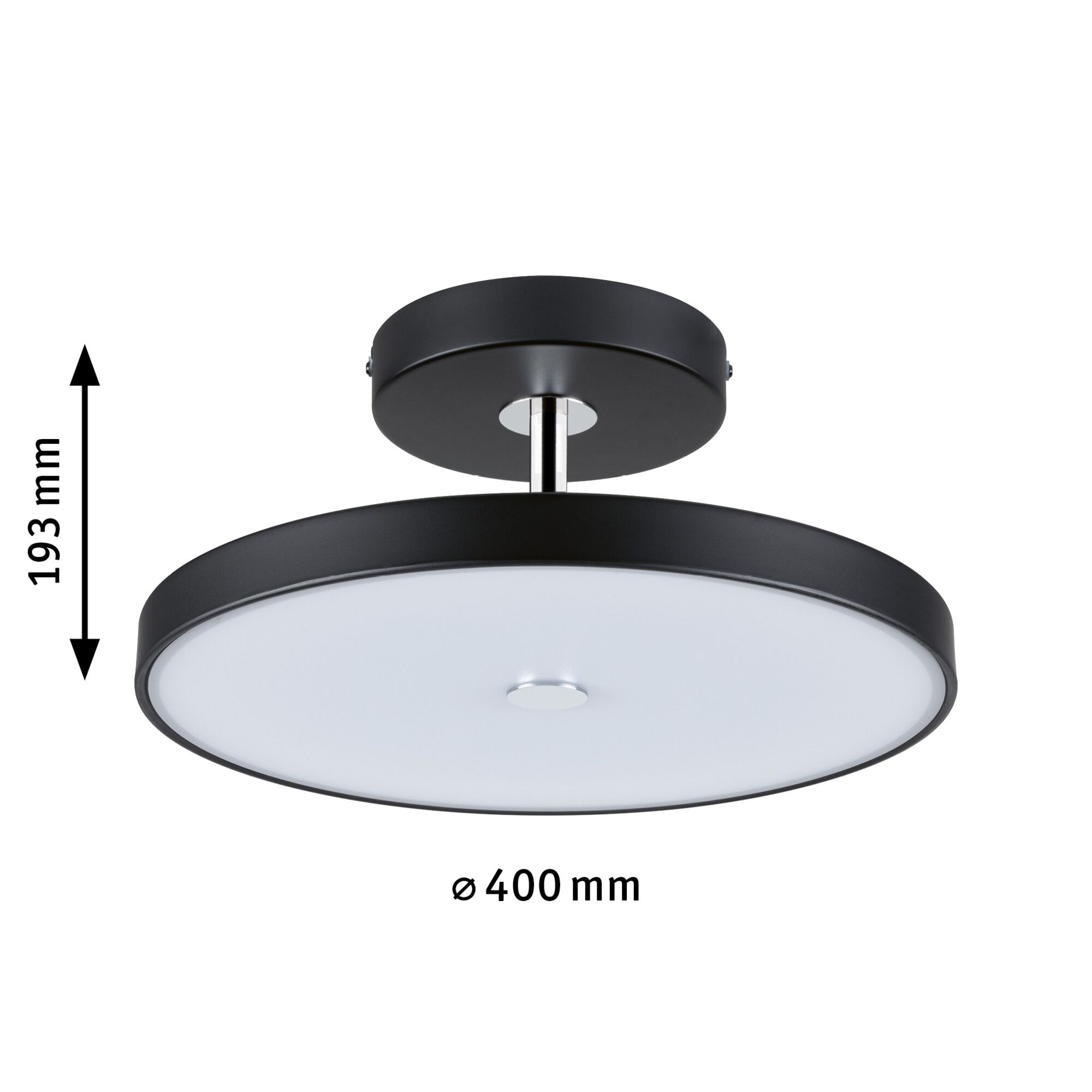 Ronde plafondlamp met zwart metalen frame en witte diffuser, 40 cm diameter, 19,3 cm hoog