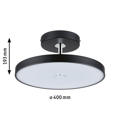Ronde plafondlamp met zwart metalen frame en witte diffuser, 40 cm diameter, 19,3 cm hoog