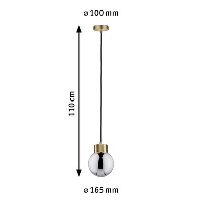 Pendant light with 110 cm black cable, gold ceiling mount and silver metal globe, size Ø165 mm