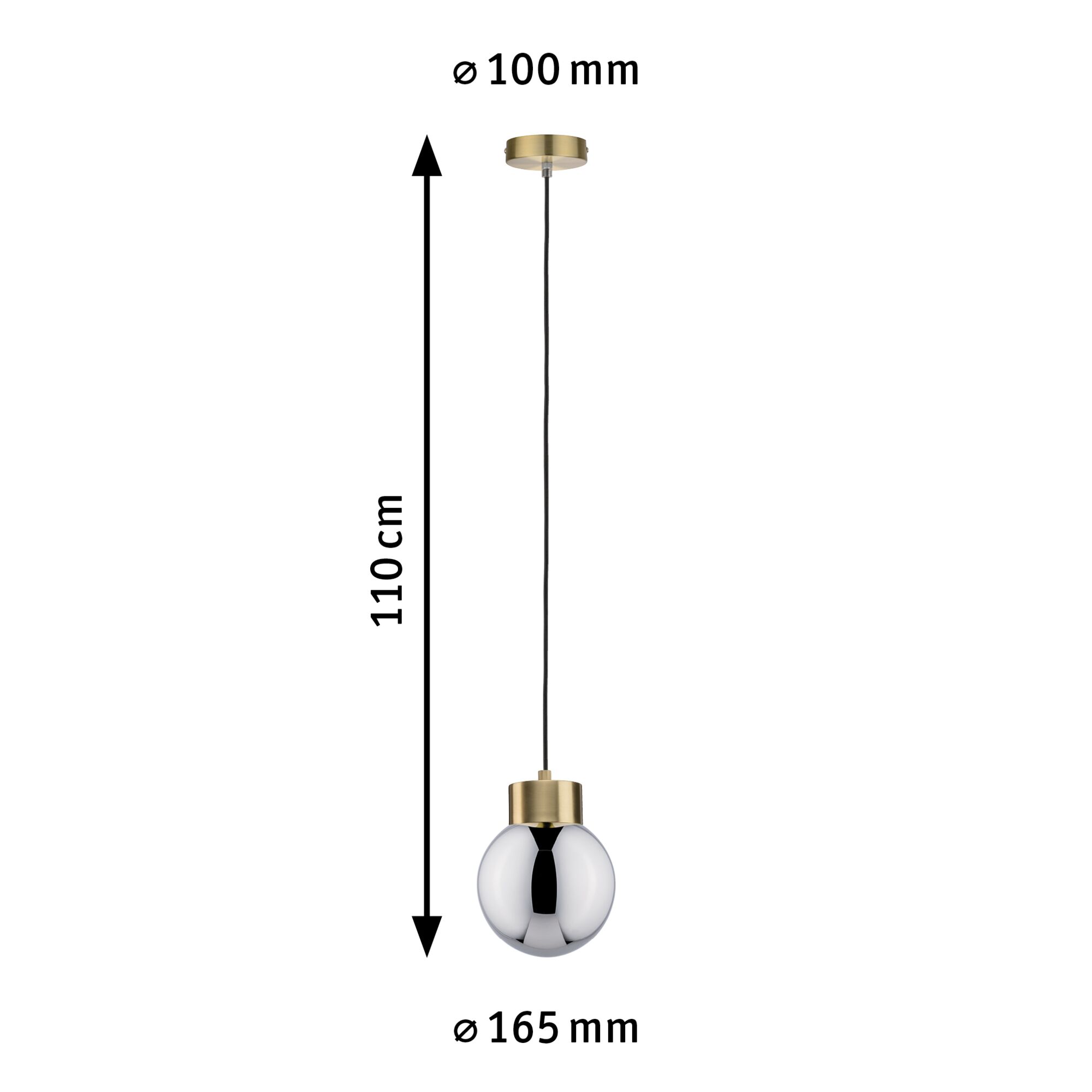 Hanglamp met 110 cm zwarte kabel, gouden plafondhouder en zilveren metalen bol, afmeting Ø165 mm