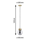 Pendant light with 110 cm black cable, gold ceiling mount and silver metal globe, size Ø165 mm