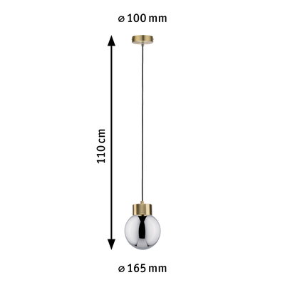 Pendant light with 110 cm black cable, gold ceiling mount and silver metal globe, size Ø165 mm
