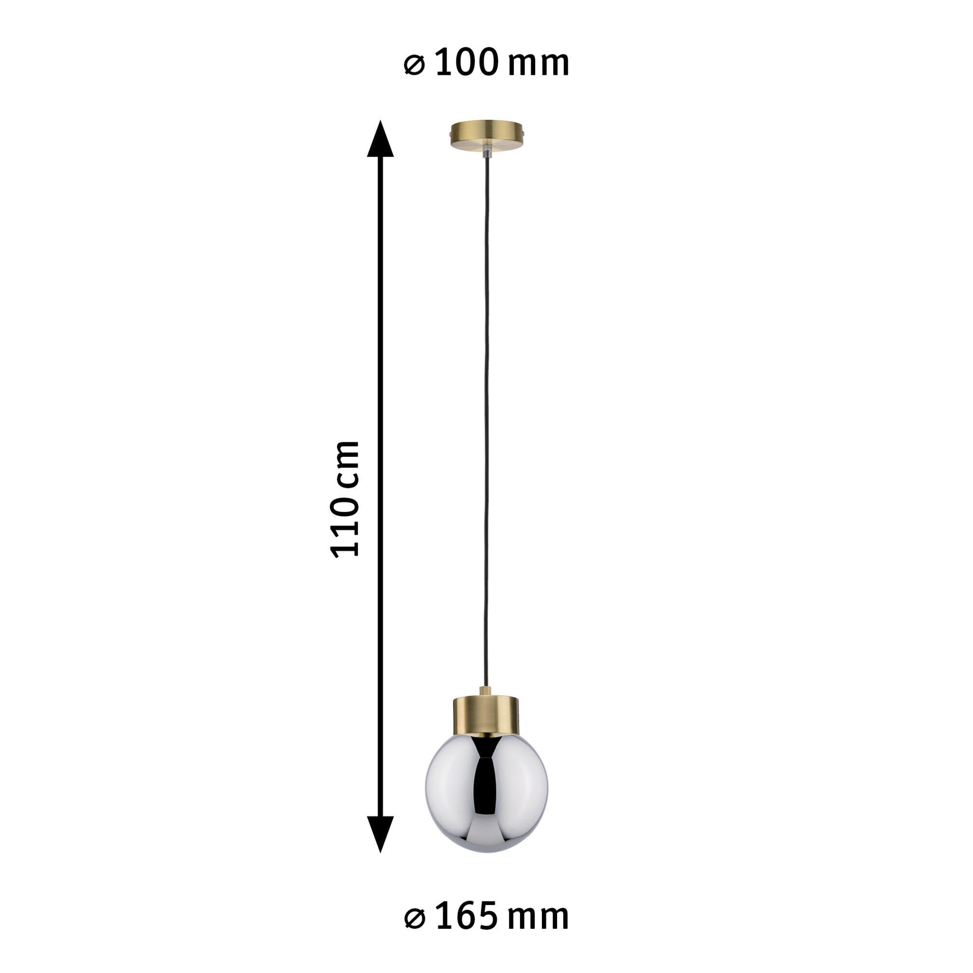 Hanglamp met messing houder en chromen glas, 110 cm lang, 165 mm diameter moderne verlichting