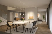 Moderner Essbereich mit weißem Tisch, schwarzen und weißen Stühlen auf Holzfußboden und LED-Deckenleuchten.