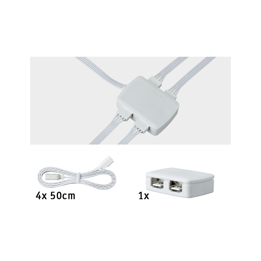 White plastic splitter with four 50cm cables for LED lighting systems, accessory for light control