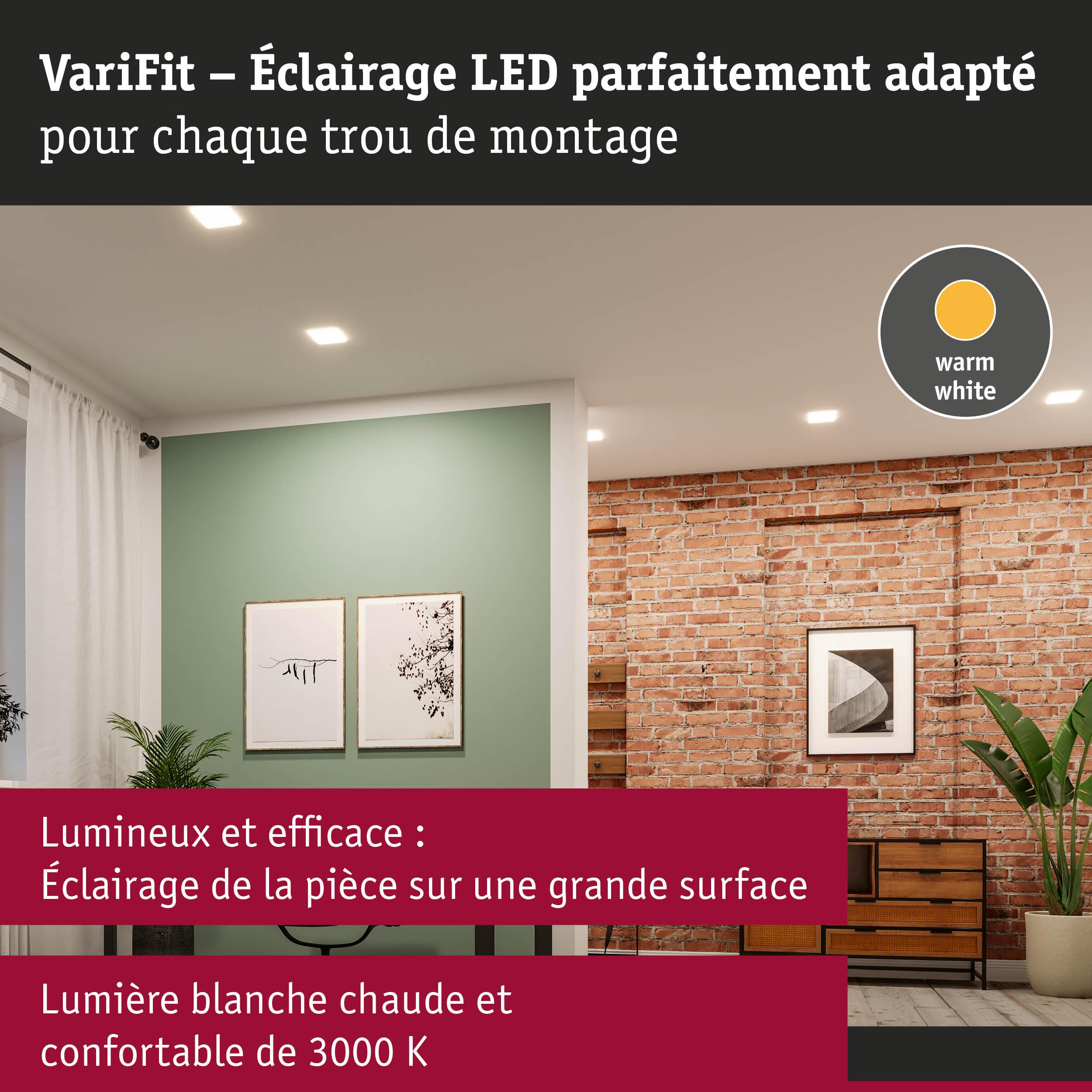 Éclairage LED VariFit blanc chaud 3000K pour une lumière efficace sur grande surface avec montage adaptable