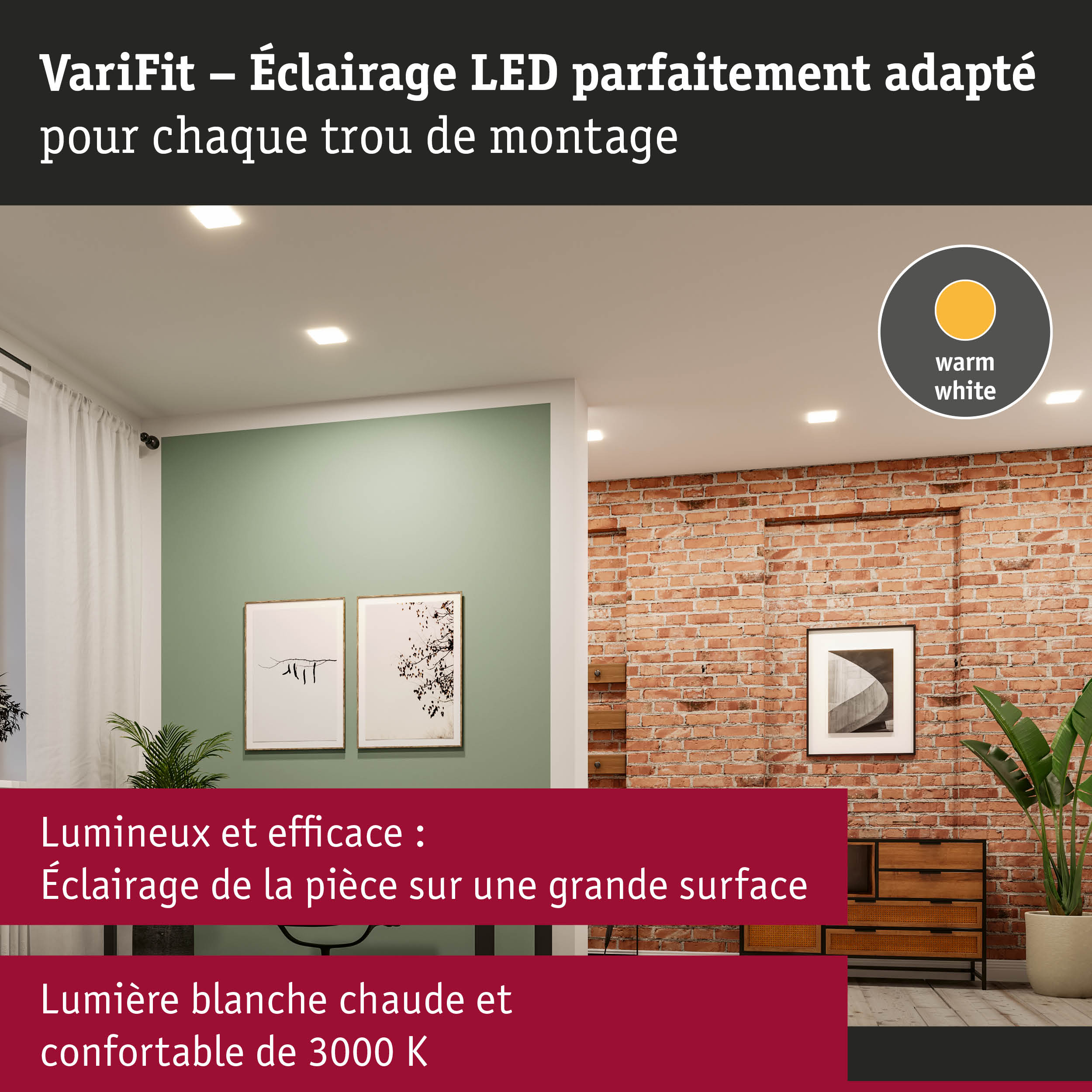 Éclairage LED VariFit blanc chaud dans un salon moderne avec mur en briques et accent vert