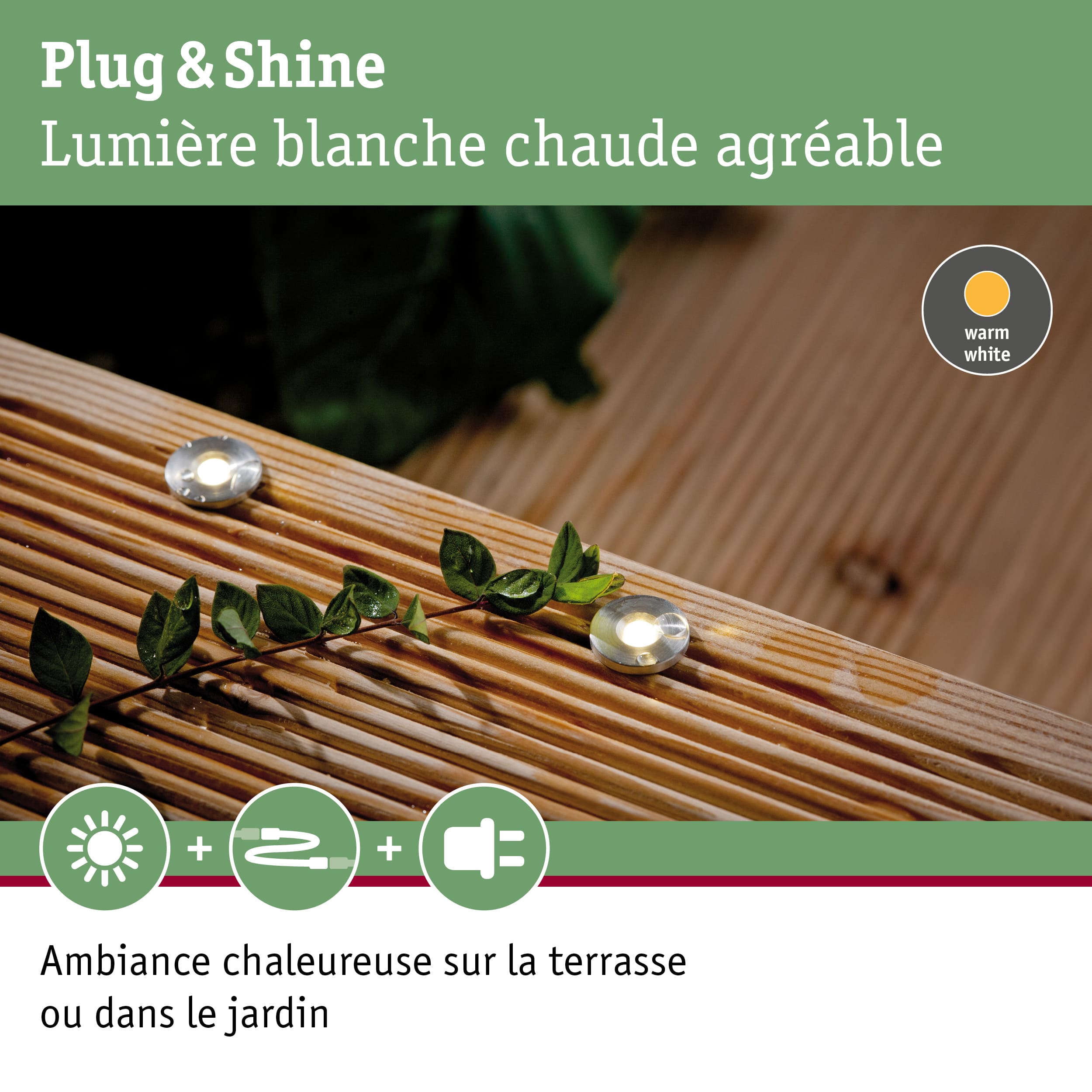 Petits spots LED encastrés ronds avec lumière blanc chaud sur terrasse en bois pour éclairage jardin
