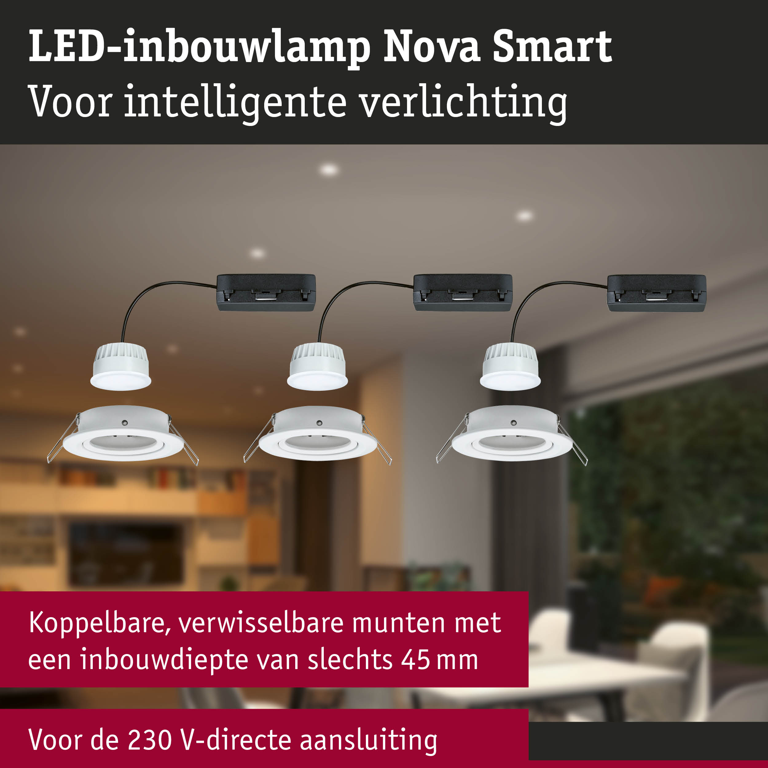 Witte LED-inbouwlamp Nova Smart met zwarte kabel voor intelligente verlichting