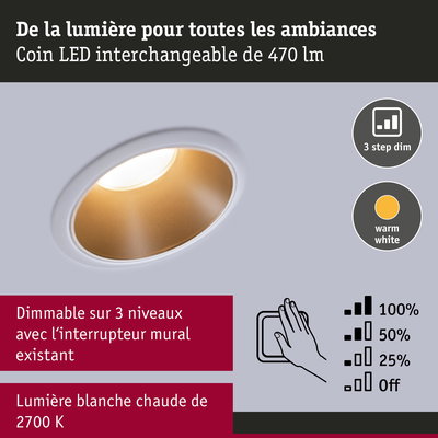 Spot LED encastrable avec lumière blanc chaud 2700K et gradation en 3 niveaux pour ambiance