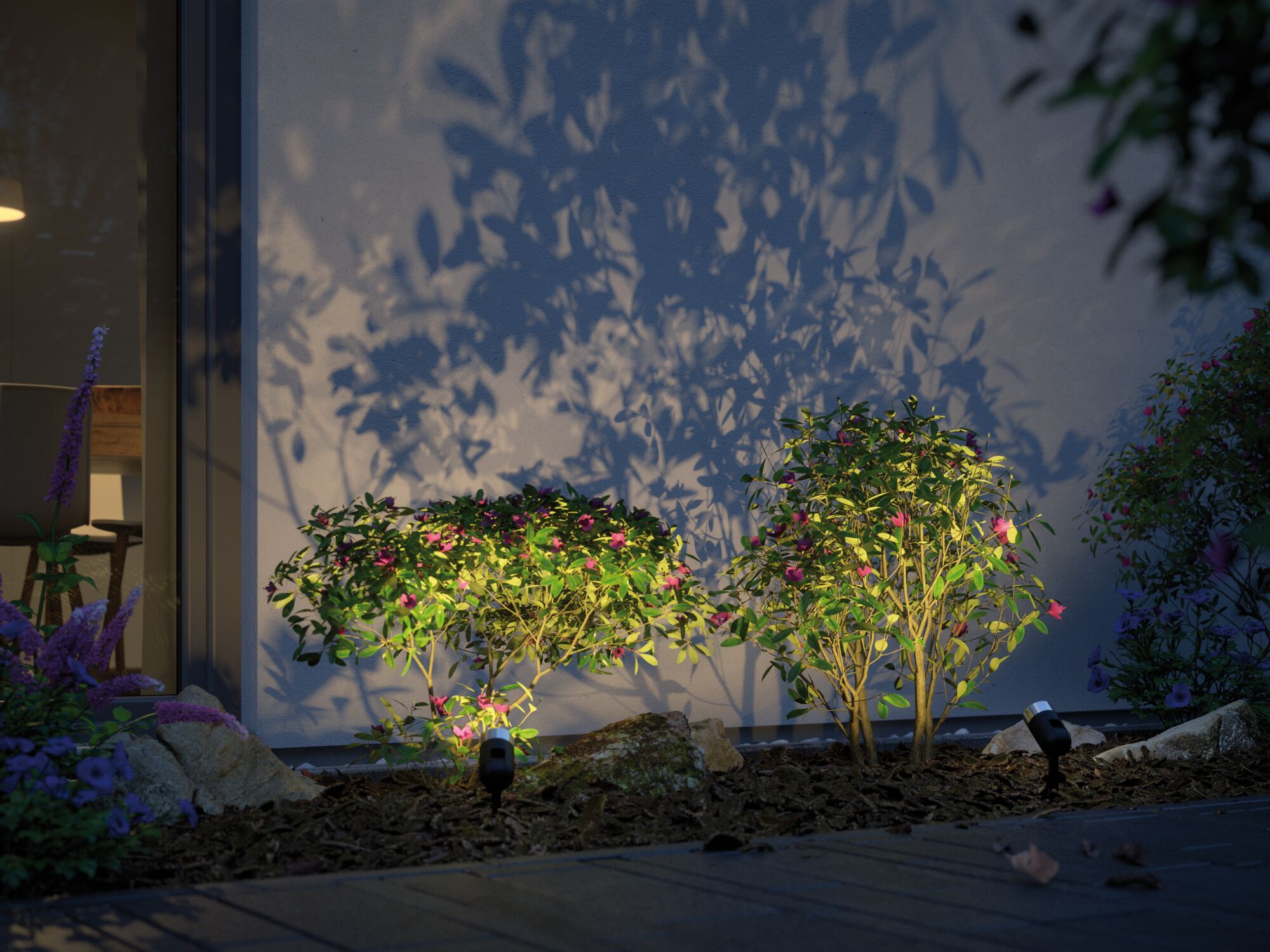 Tuin met verlichte bloeiende struiken en moderne buitenverlichting voor sfeervolle accenten.