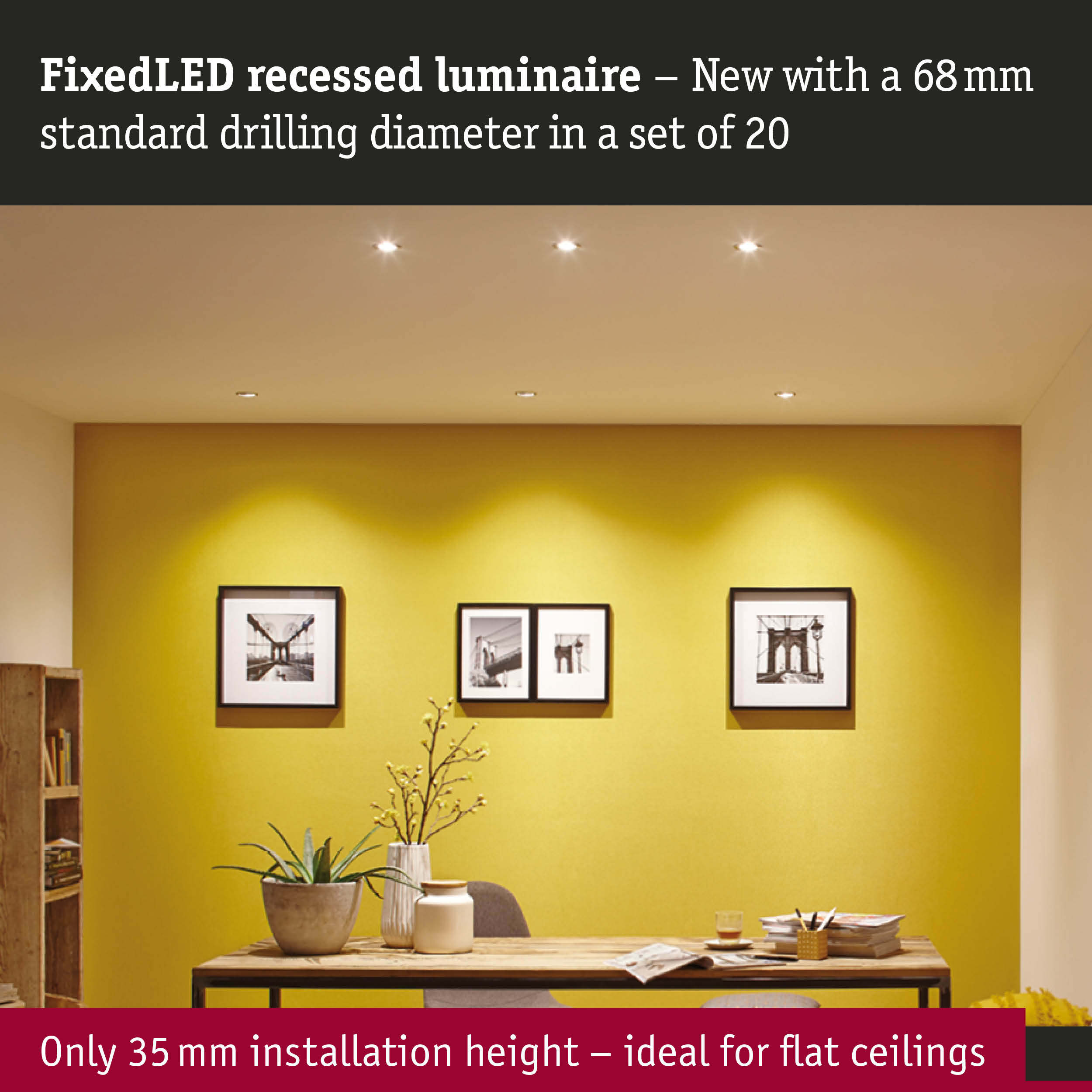 Living room with yellow wall and five white fixed LED recessed lights in ceiling for modern lighting