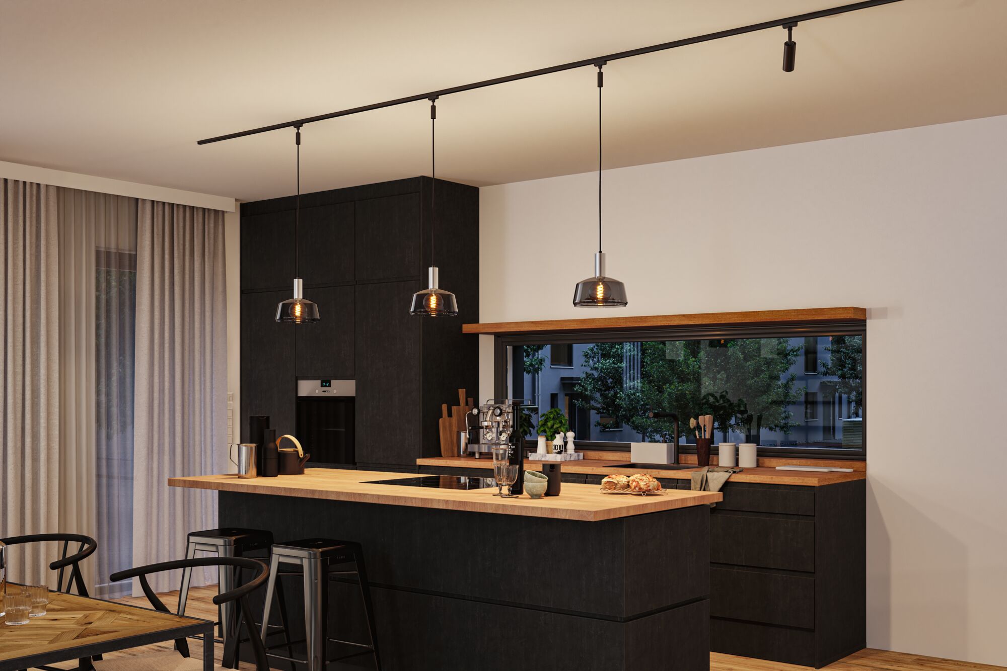 Modern kitchen with black wood finish, wooden countertop, three pendant lights, and bar stools