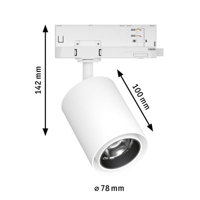 White metal LED spotlight with 78 mm diameter and 142 mm height for track lighting systems