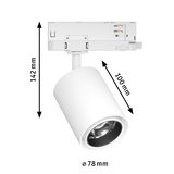 White metal LED spotlight with 78 mm diameter and 142 mm height for track lighting systems