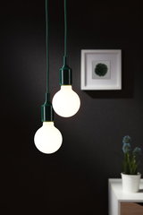 Zwei hängende LED-Glühbirnen mit grünem Kabel vor dunkler Wand, moderne Wohnraumbeleuchtung.
