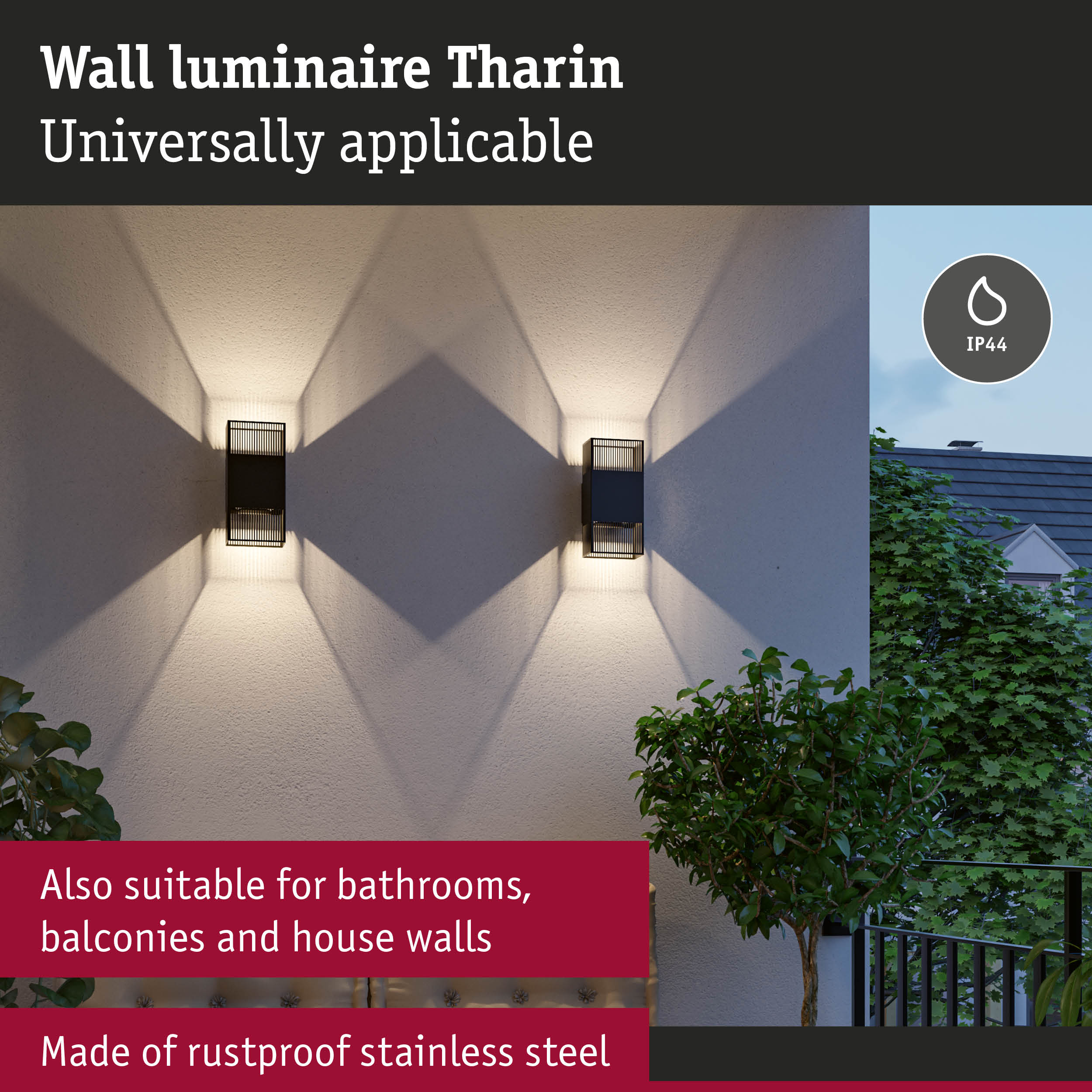 Black stainless steel Tharin wall light with IP44 rating, suitable for bathrooms and balconies