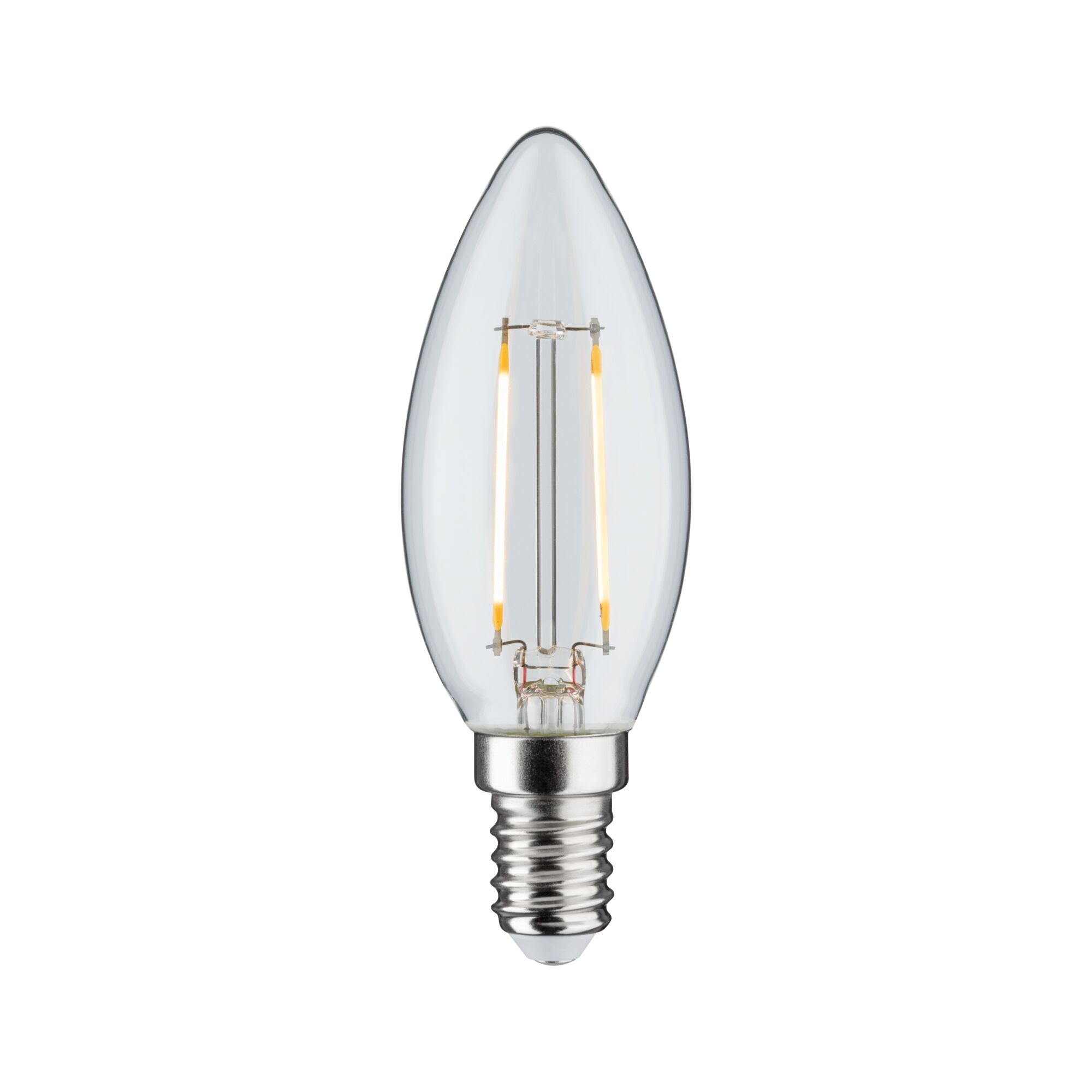 Klarer LED-Kerzenlampe mit E14-Fassung und sichtbaren Filamenten für energiesparende Beleuchtung