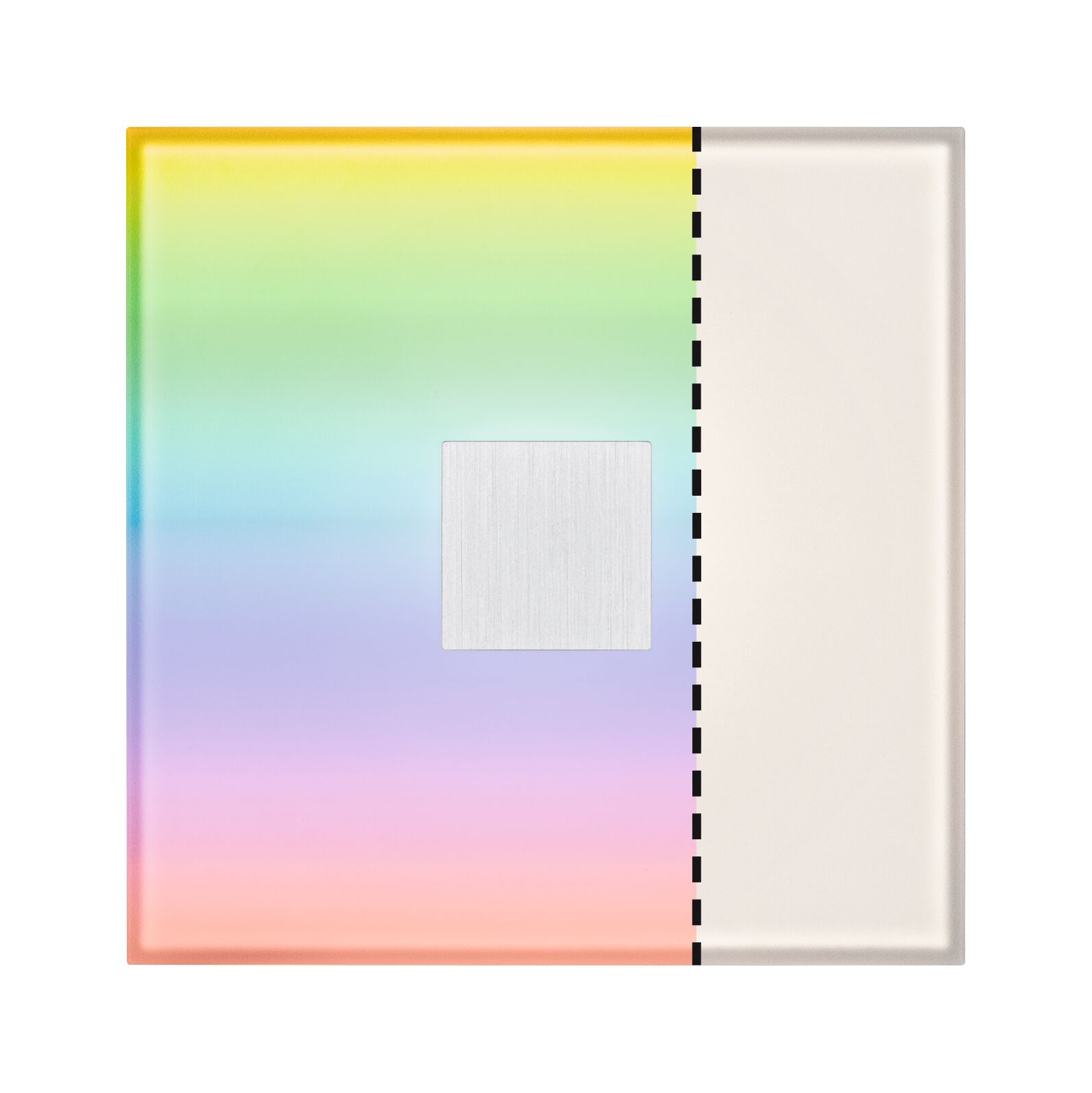 Square glass panel with rainbow gradient and white section, modern lighting design element