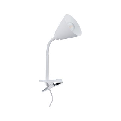 White clip lamp with flexible neck made of plastic for focused lighting in workspaces