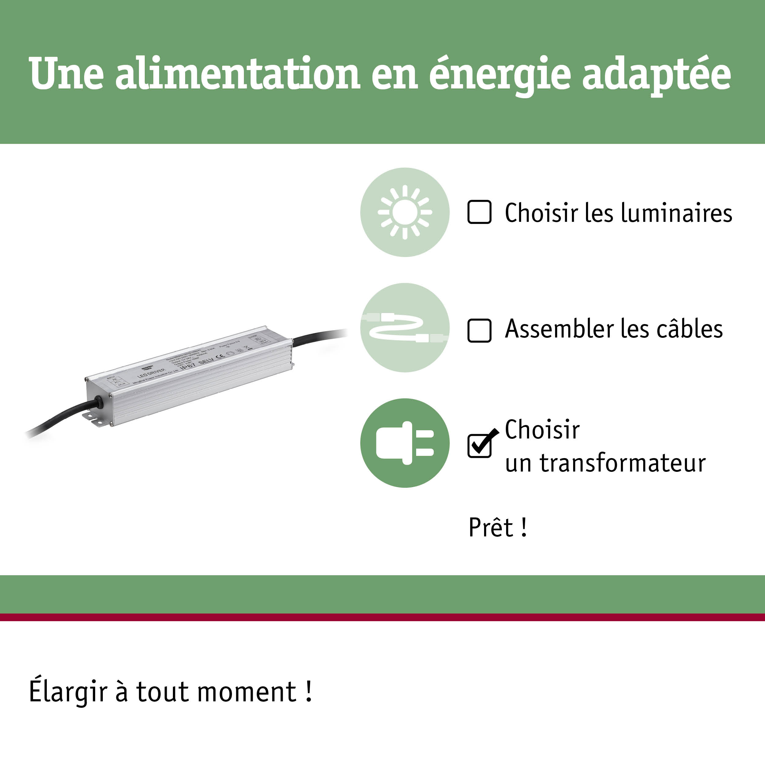 Transformateur LED en aluminium argenté avec câble pour systèmes d'éclairage économes en énergie