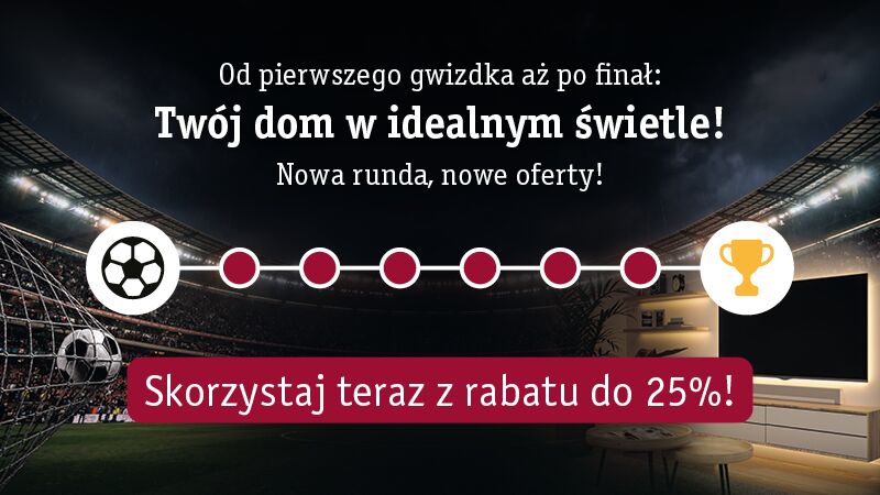 Reklama oświetlenia domu z motywem stadionu piłkarskiego i ofertą rabatu do 25%