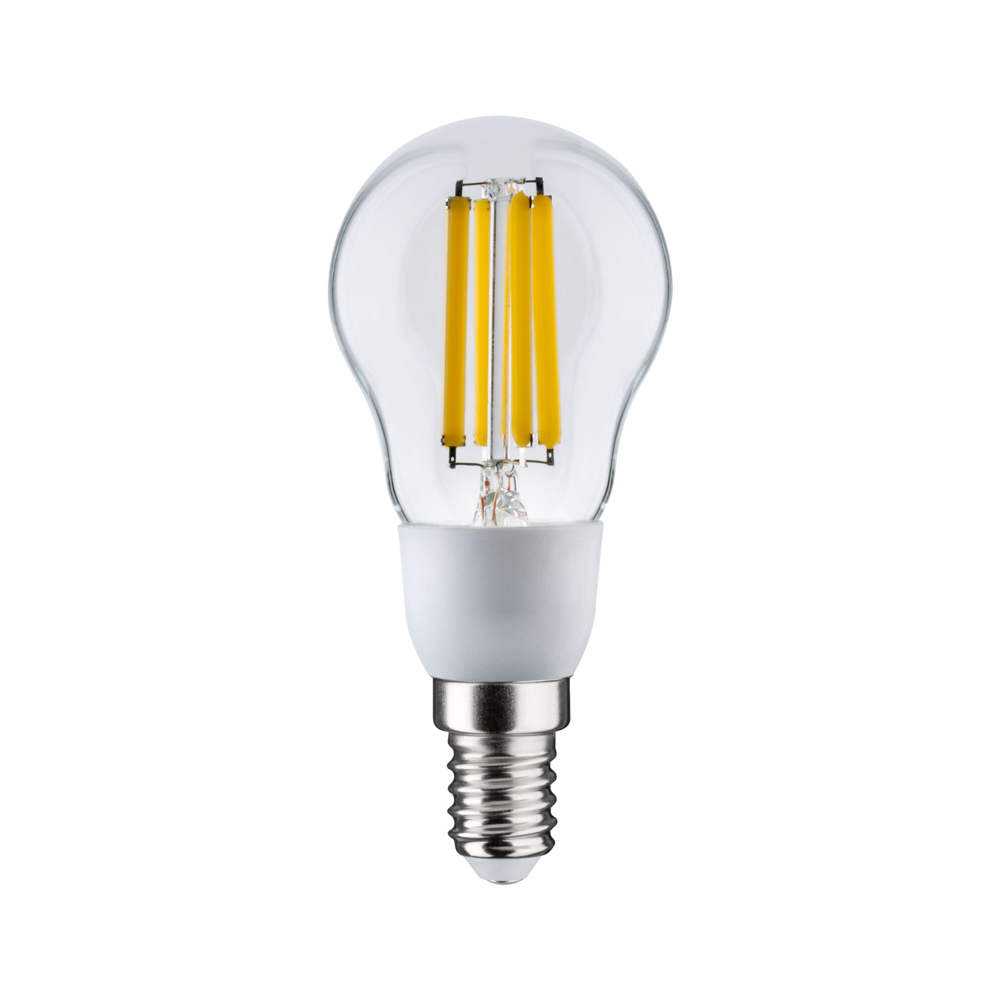 LED-pære med klart glas og gule filamenter, E14-fatning til energibesparende belysning