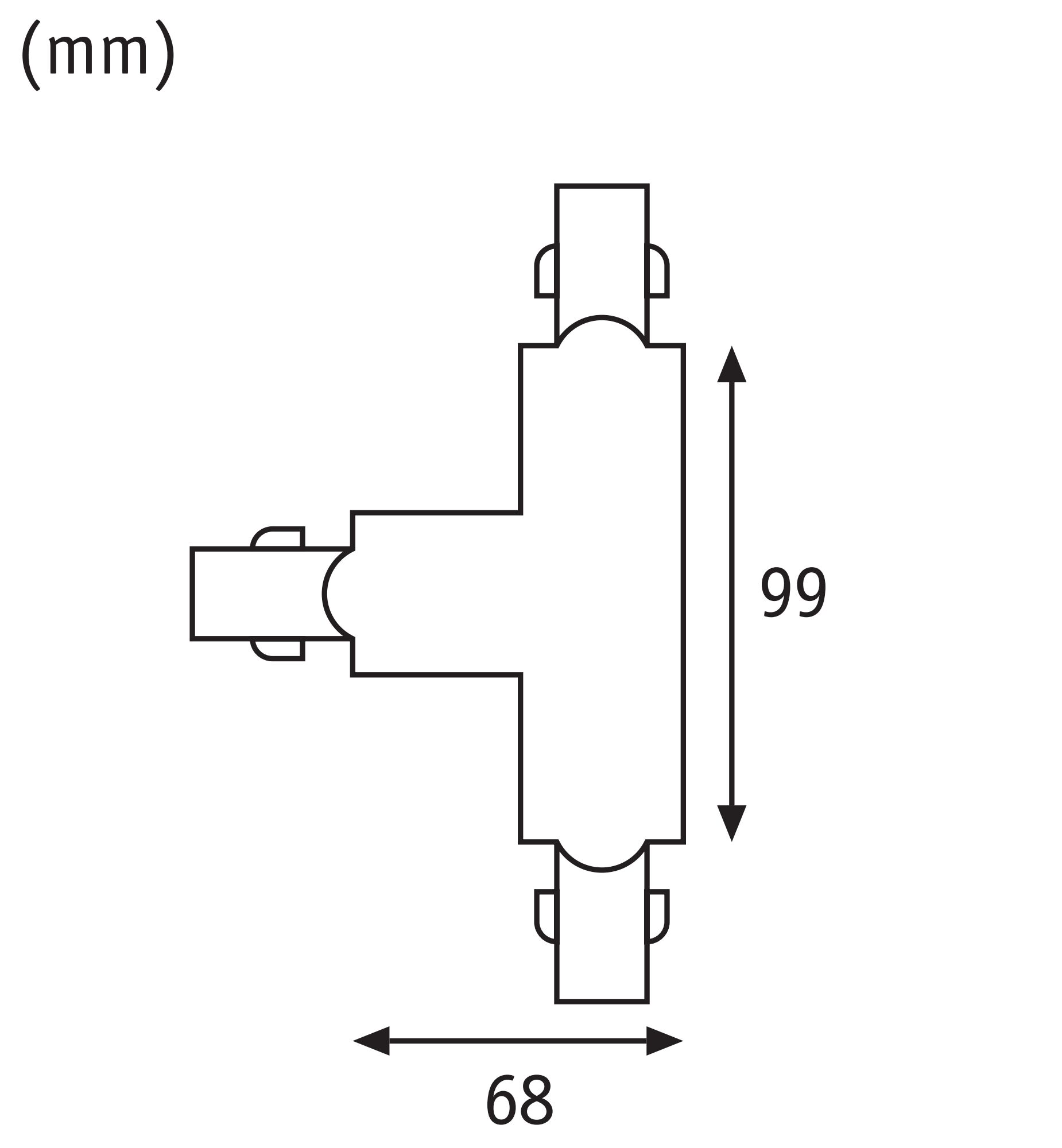 Technische tekening van een T-vormige connector met afmetingen 99 mm hoog en 68 mm breed