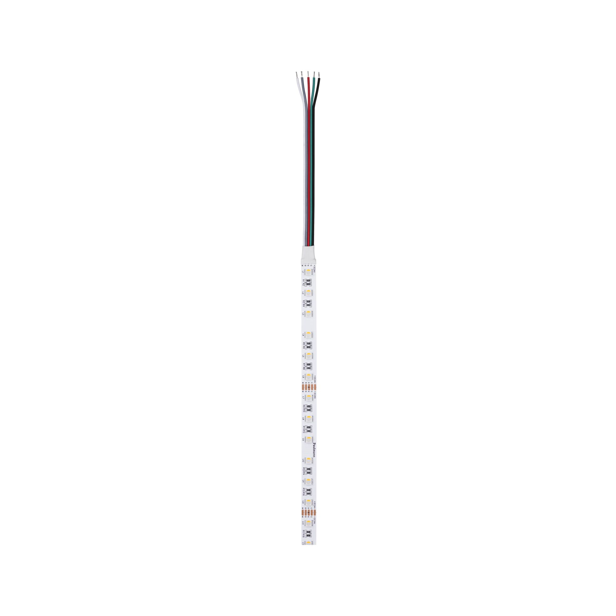 LED strip with multicoloured wires in white, red, green and black for versatile lighting solutions