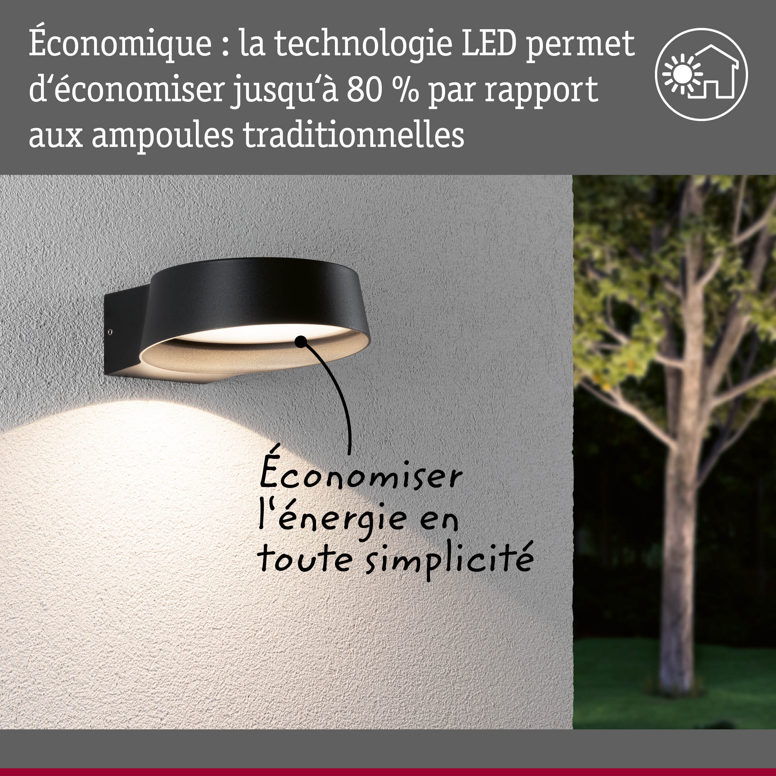 Applique murale LED noire en métal sur mur gris avec éclairage économique pour extérieur