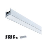 Silver aluminum LED profile with diffuser and mounting accessories for modern lighting setups