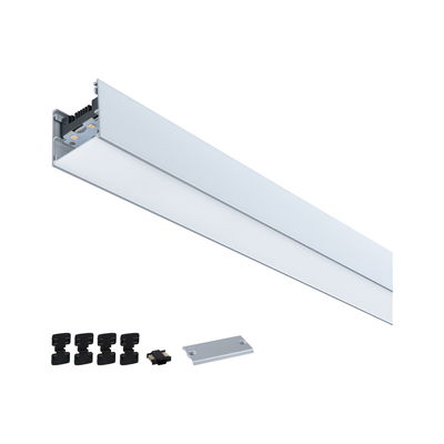 Silver aluminum LED profile with diffuser and mounting accessories for modern lighting setups